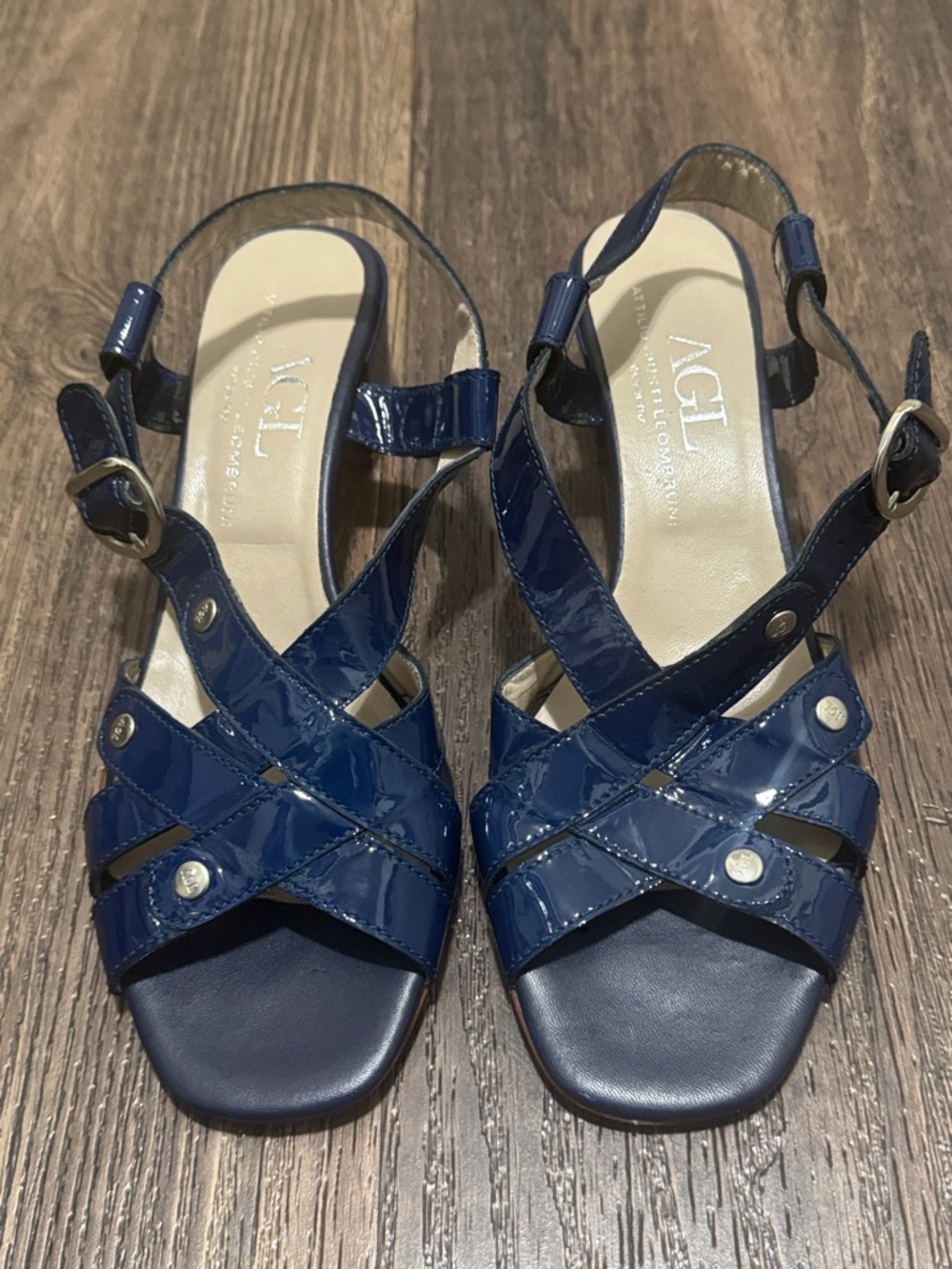AGL Patent Leather Sandals, Size 40 1/2 US 10.5, Color Cobalt Blue